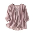 thumbnail image 2 of Floral Embroidered Cotton Linen Shirts for Women Summer 3/4 Sleeve Gauze Boho Tops Ladies Dressy Casual Loose Blouses Pink M, 2 of 6