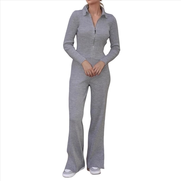 Conjunto de Dos Piezas para Mujer, Pantalón Deportivo de Pierna , Media Cremallera, Larga y Cuello en V. Gris M
