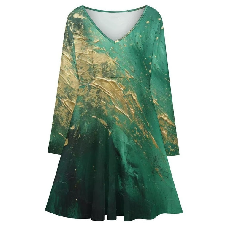 Abstract Emerald Green Gold Art Long Sleeve Dresses For Women Vintage  Elegant Party Dress Oversized V-neck Dress S-8XL