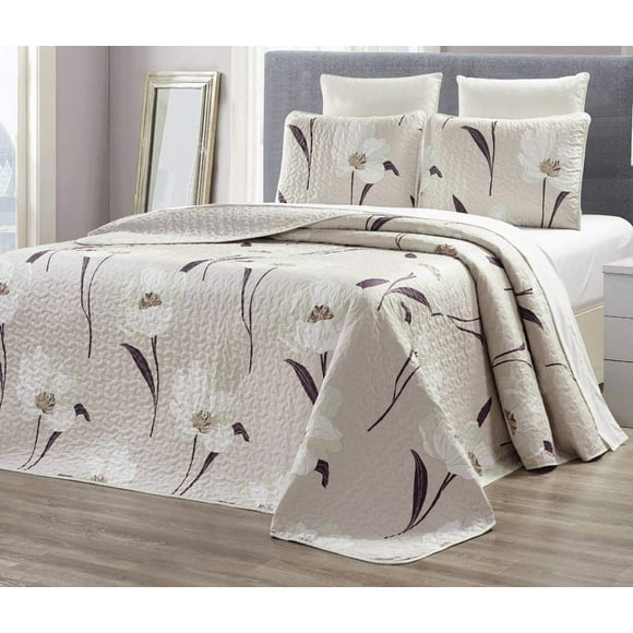 Grand Linen 3-Piece Fine Printed Oversize Quilt Set, Reversible Bedspread Coverlet, King Size, Taupe Brown White Tulip Floral