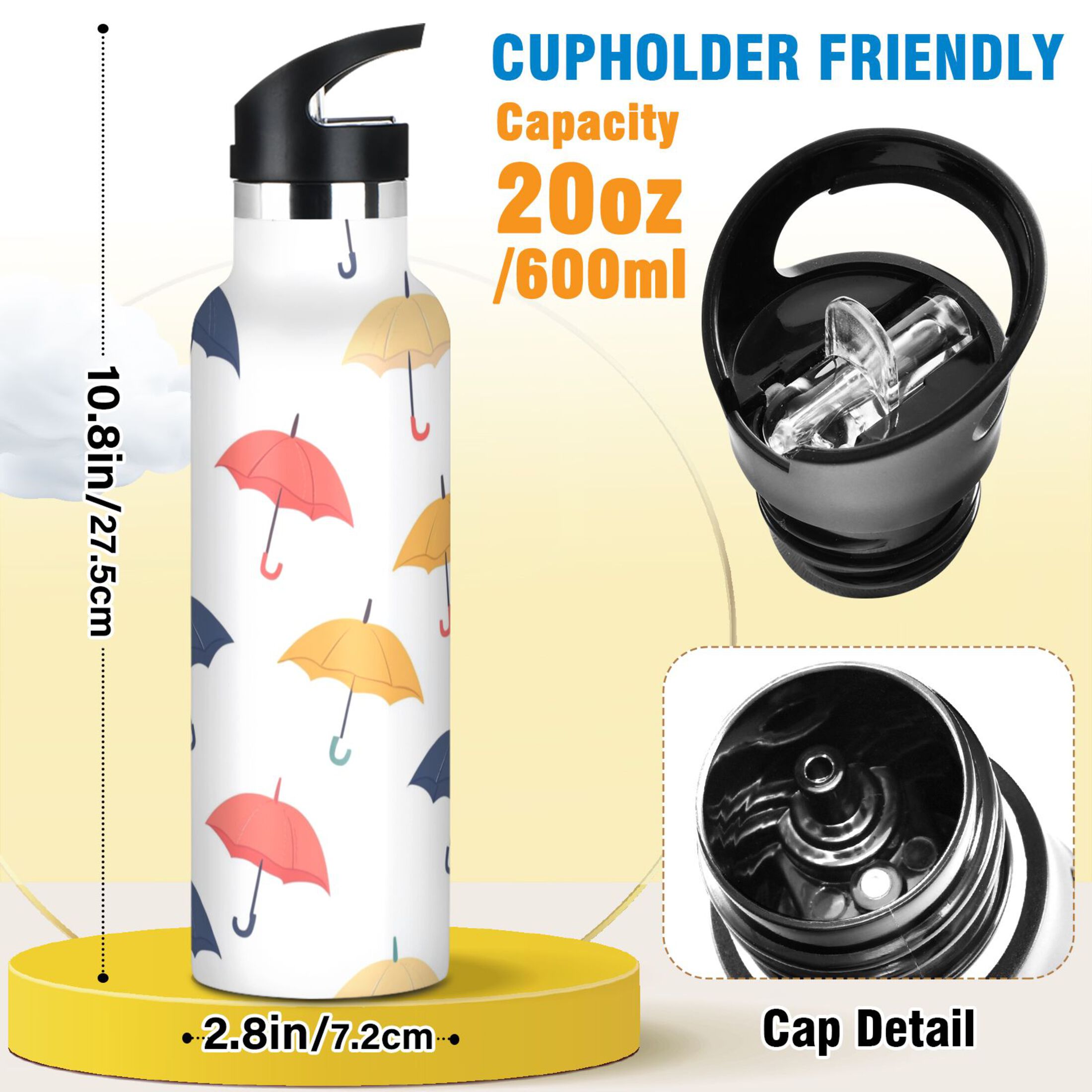 Kids Insulated Stainless Steel Sports Water Bottle 600ml (20oz) Colorful Umbrellas Pattern