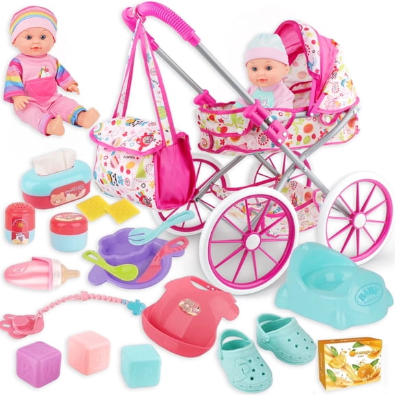 Aijohnny Baby Doll Stroller Toys Set, Montessori Education for Kids, Soft and Safe Matrials Birthday Gifts for 1-3, 3-8 Year Old