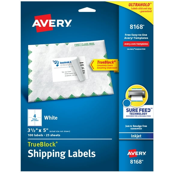 Shipping Labels W/ Trueblock Technology, Inkjet Printers, 3.5 X 5, White, 4/sheet, 25 Sheets/pack | Bundle of 5 Packs