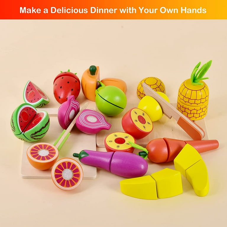 Fun Little Toys 35 Pcs Wooden Play Food for Kids Kitchen, Pretend Cutting  Food Toys,Dishes and Knife for Boys,Girls
