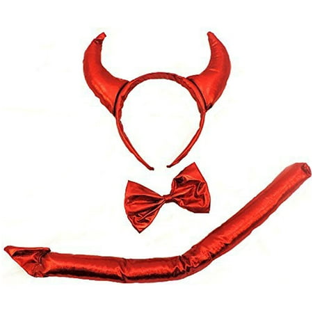Devil Horns Tail - 3 Piece Red Devil Set With Horns, Bow Tie, And Tail