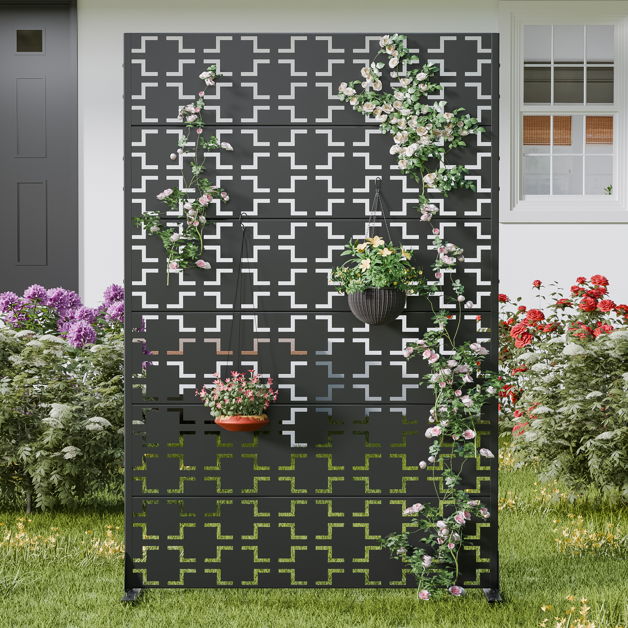 MAYEERTY 2-Piece 72×47" Outdoor Black Metal Privacy Panel Screen for Backyard & Garden, Geometric Square Pattern