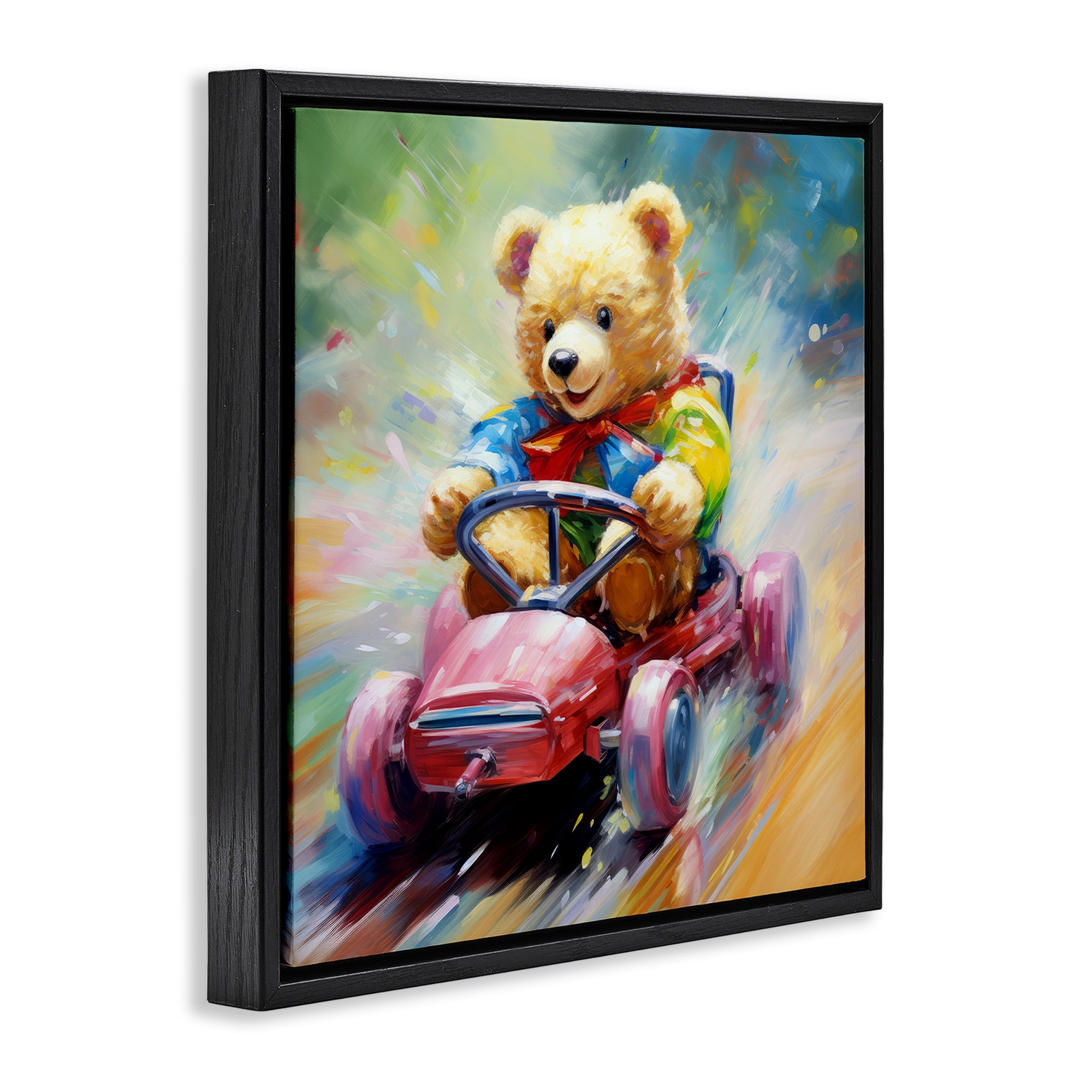 Stupell Industries Teddy Bear on Go Kart Animals & Insects Painting Black Floater Framed Canvas Art Print Wall Art, 25 x 25