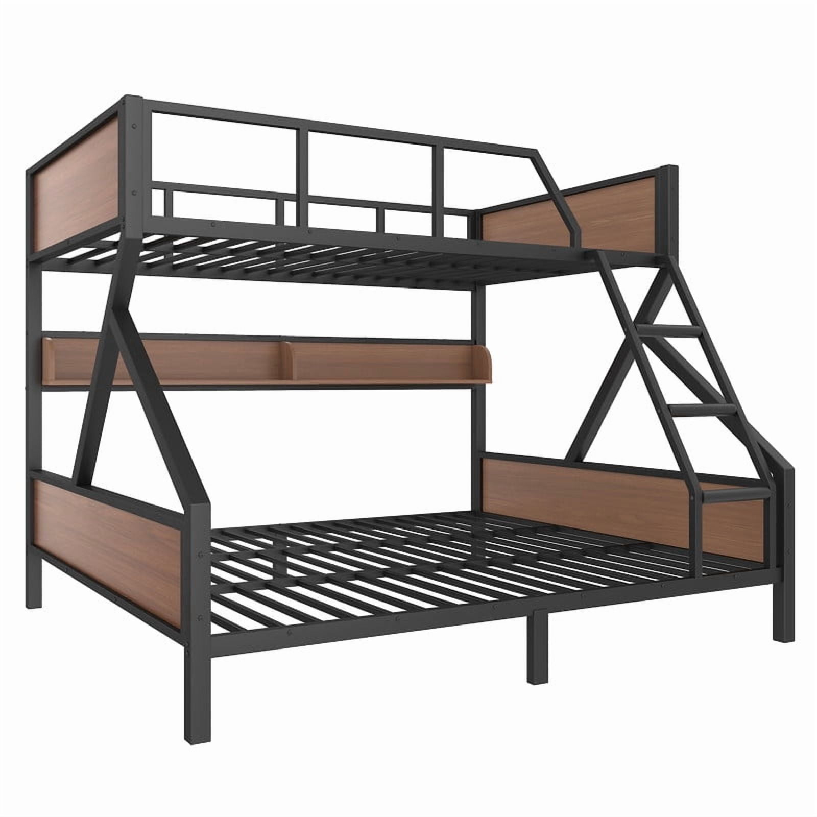 Queen over King Size Metal Bunk Bed, Kids Teens Chic Bed Frame with Bedside Storage Shelves and LED Light Strip