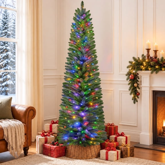6ft Pre-Lit Pencil Christmas Tree, Artificial Xmas Tree with 210 Dual-Color LEDs, 10 Lighting Modes, Metal Stand, Green