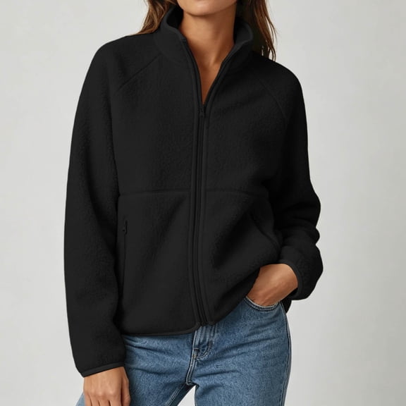 SHENGXINY Women's Zipper Fleece Raglan Jacket Stand Collar Long Sleeve Sherpa Jacket Casual Fuzzy Soft Top for Fall Winter Black L