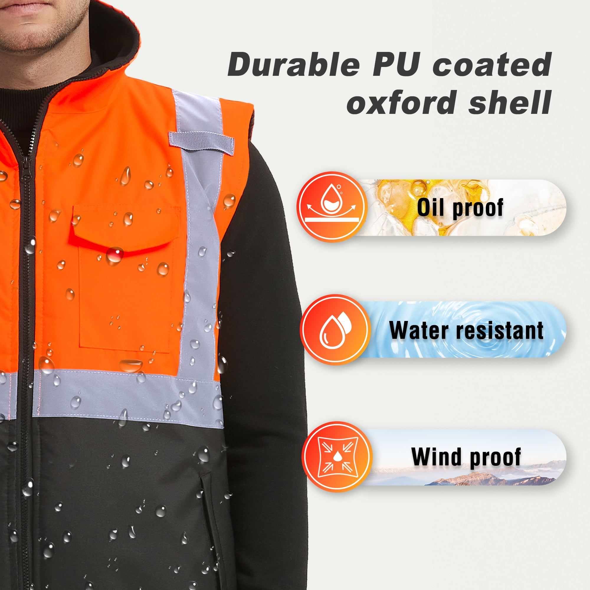 ProtectX Safety Winter Vest for Women Men, High Visibility Reflective Vest, Insulated Construction Workwear, Wind Resistant,Waterproof, Orange, X Large
