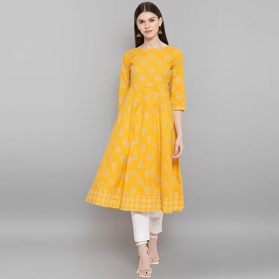 Janasya Indian Round Neck 3/4 Sleeve Floral Print Yellow Cotton Kurta For Women