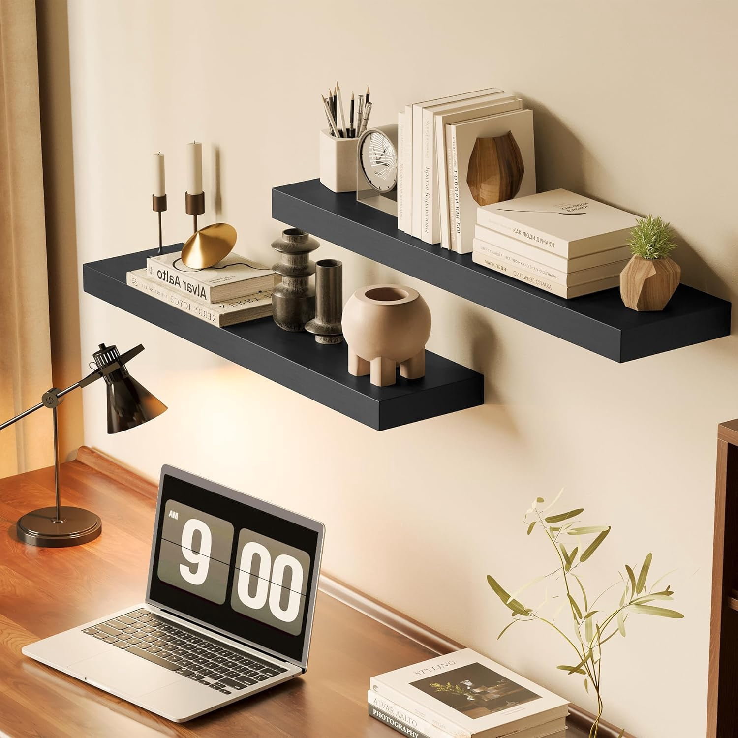 Floating Shelves Wall Mounted Wooden Shelves with Invisible  Set of 2, Hanging Wall Decor for Bedroom, Bathroom, Living Room and Kitchen