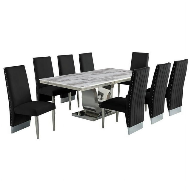 Ensemble de Salle à Manger en Acier Inoxydable 9 Pièces avec Table en Marbre et Chaises Noires