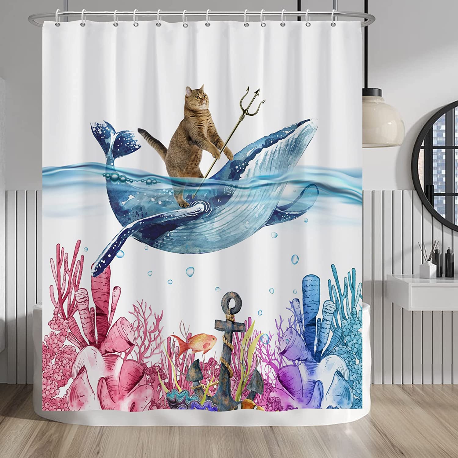 Xsinufn Funny Cat Shark Shower Curtain Cute Cartoon Cat Riding Whale