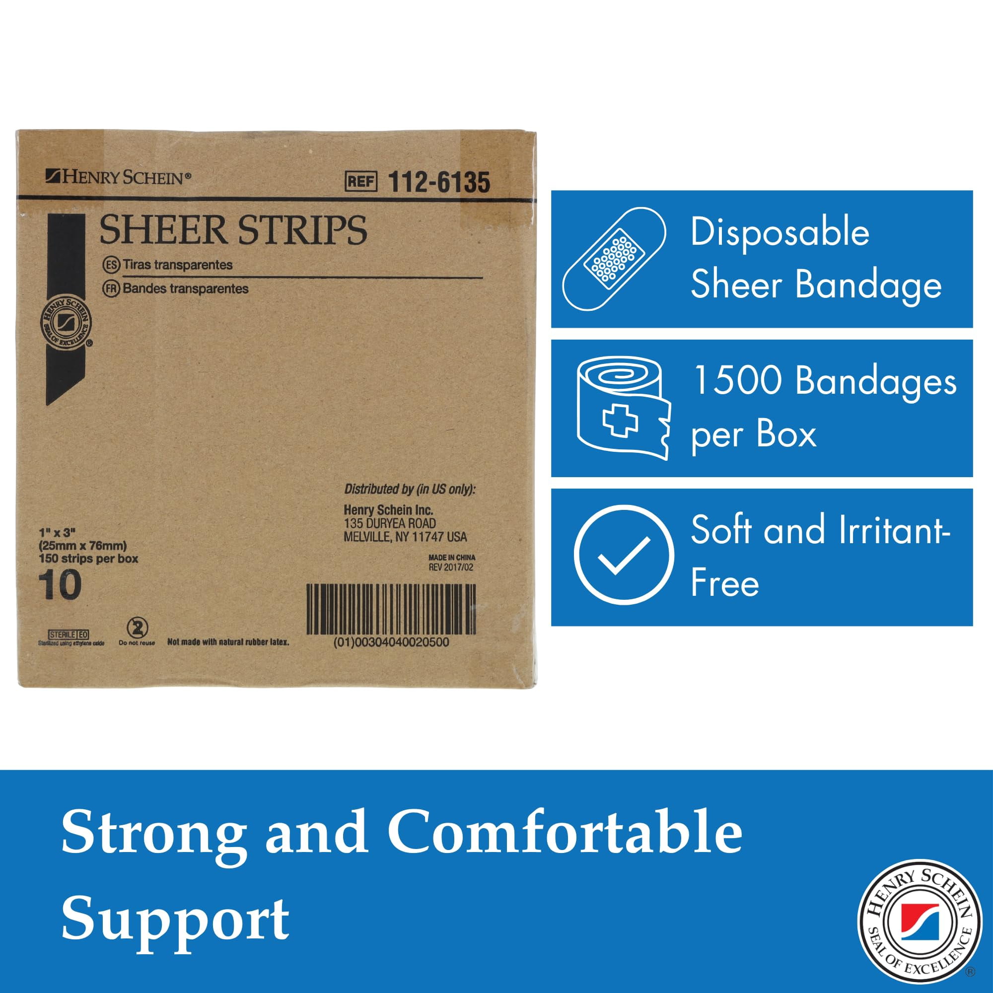 Henry Schein Sheer Adhesive Bandages, 1" x 3" Sterile Strips | Bulk Case of 1,500 (10 Packs of 150) | Breathable, Latex-Free First Aid Bandages for School Nurses, Offices & Businesses