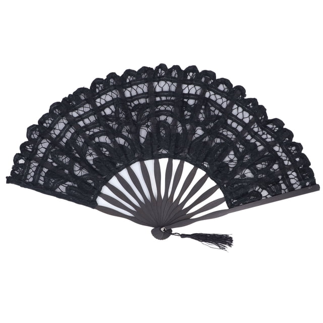 Abanico plegable Nikou de bambú y encaje negro