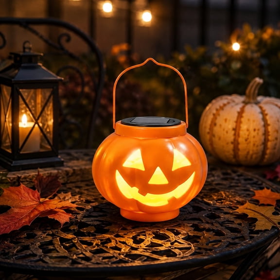 Solar Powered Pumpkin Light Halloween Decor Metal Hanging Pumpkin Lantern Warm LED Light Ornament for Outdoor Yard Porch Table Indoor Halloween Seasonal Decorations