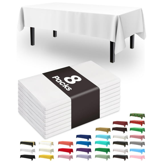 Plastic Tablecloth, 8 Pack Disposable Rectangle Table Covers 54x108 Inch, White Leakproof Sturdy Table Cloth for Party, Picnic, Wedding, Event, Indoor Outdoor Use, White