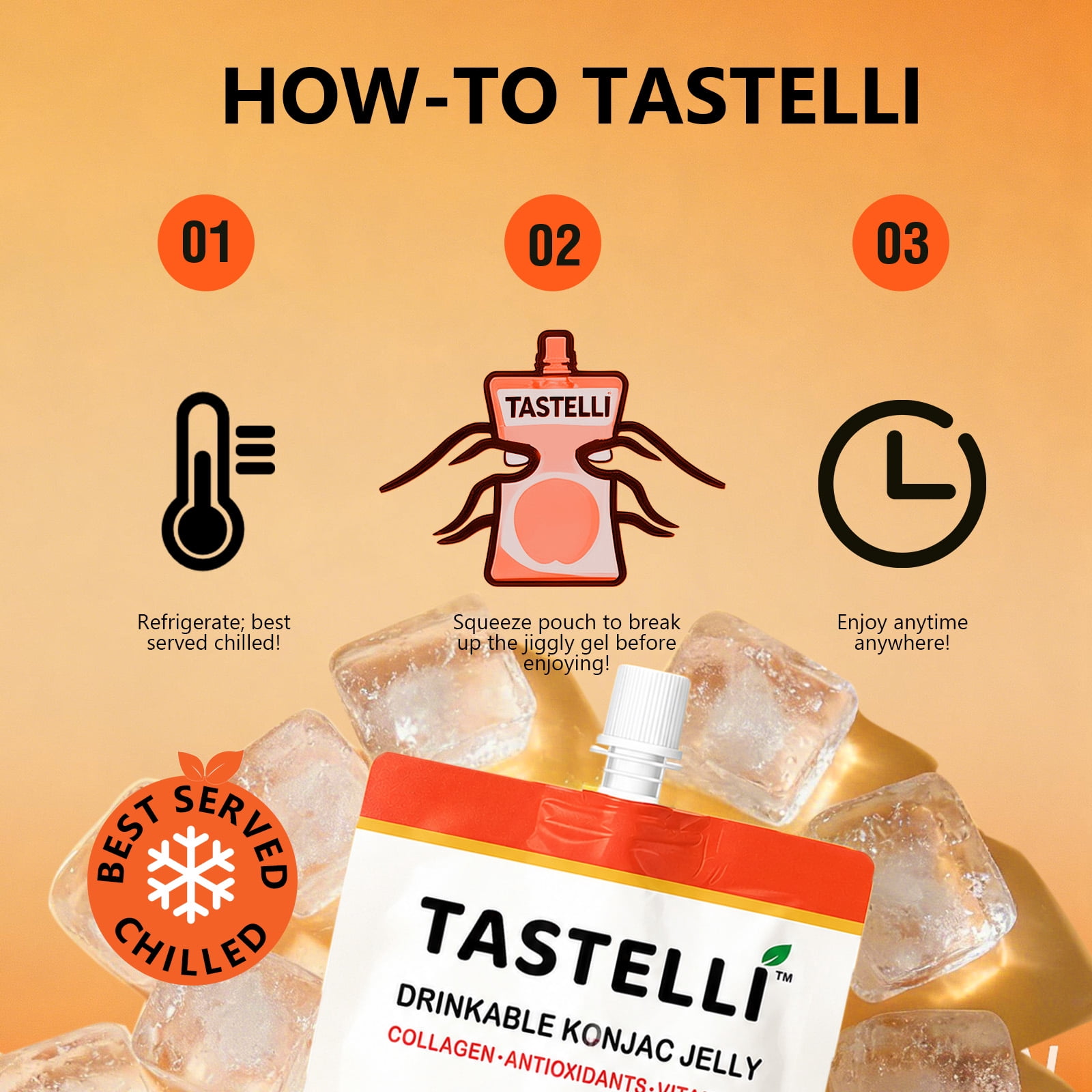 Tastelli Konjac Jelly Infused with Collagen & Vitamin C | Gluten Free, Sugar Free, Low Calorie | Vegan Drinkable Fruit Jelly Snack | Peach | 150mL x 10 Pouches