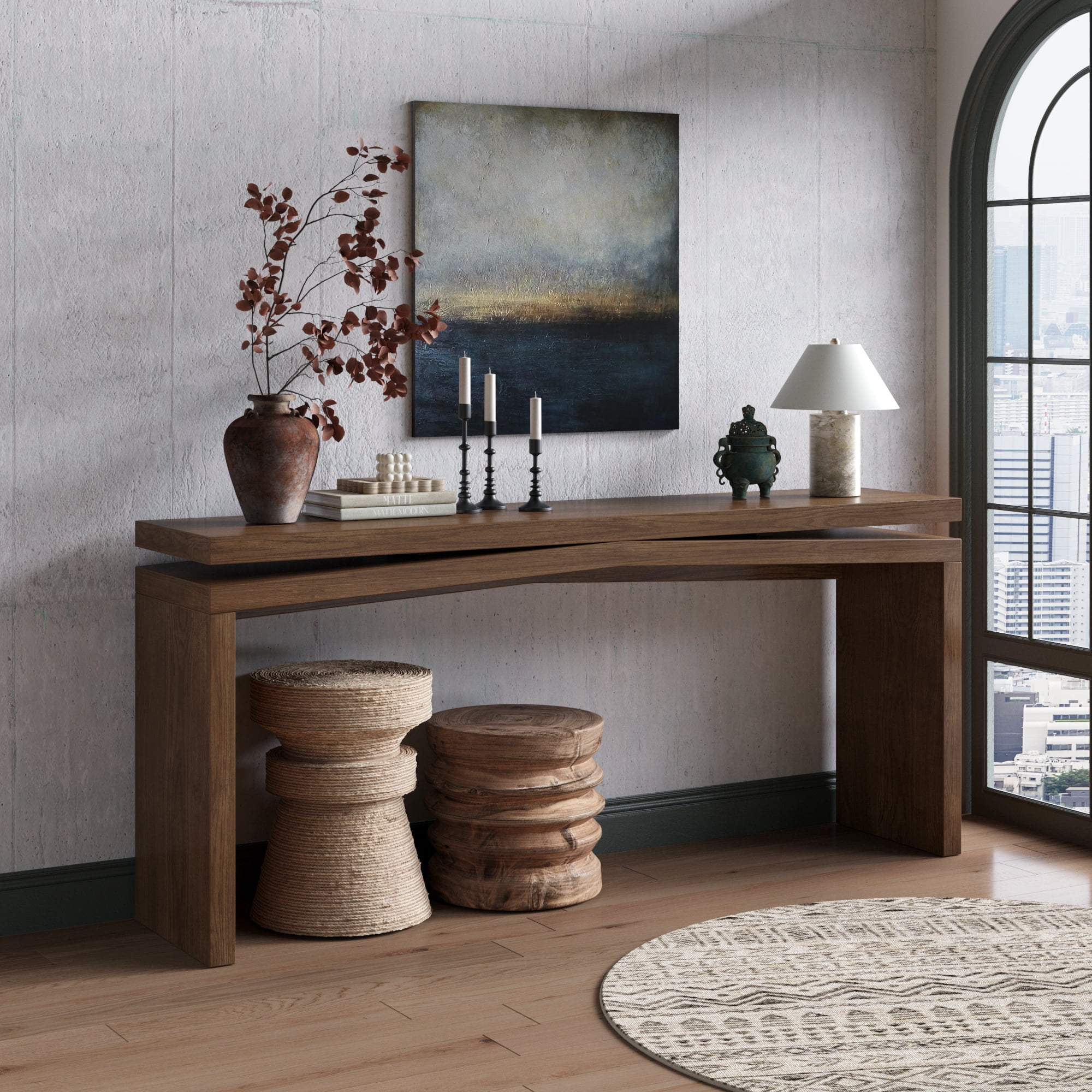 Garitin Console Table and Rustic Entryway Sofa Table 64.96 Inch, Farmhouse Hallway Accent Table with Sled Base for Living Room, Deep Rustic Brown
