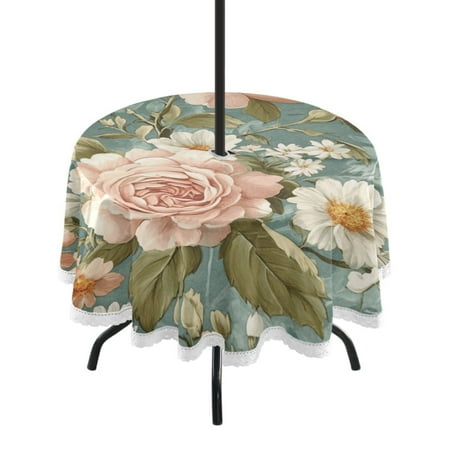 

60 Outdoor Round Tablecloth with Umbrella Hole & White Lace Trim Waterproof Patio Table Cover for Garden Kitchen Dining Daisies and Lilies