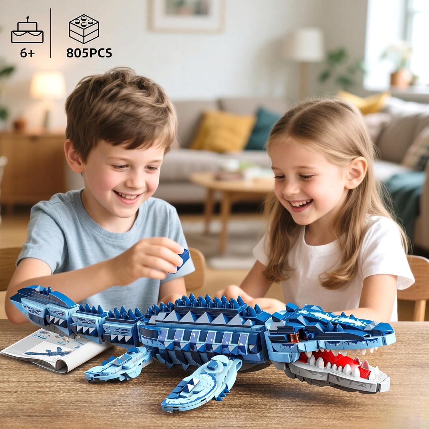 Mosasaurus Dinosaur Building Blocks Set, 805 PCS Dinosaur World Building Toy, Jurassic Ocean Animal Model Collection Toys for Home Decor