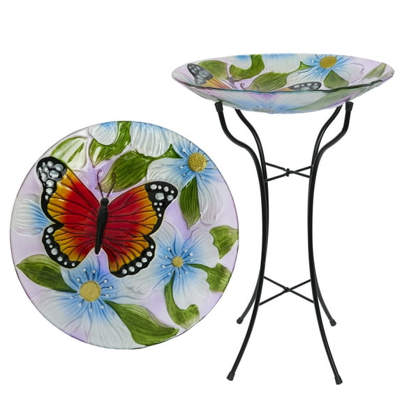 18" Glass Birdbath w/ Flowers & Butterfly w/ Metal Stand