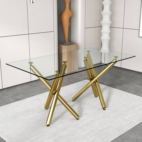 71" x 35.4" x 30" Large Modern Minimalist Rectangular Glass Dining Table, 0.39" Tempered Glass Top & Golden Metal Legs, Seats 6-8, for Kitchen/Dining/Living/Meeting Room/Banquet Hall