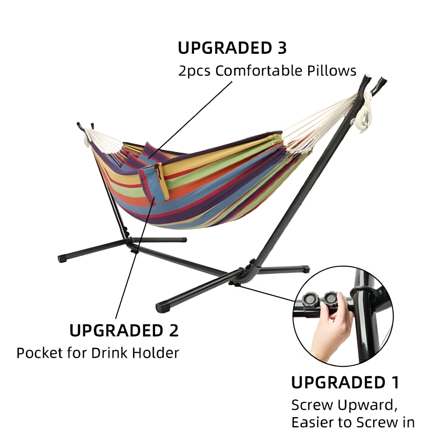ONCLOUD 550 LBS Capacity Double Hammock with Stand Included with Portable Carrying Bag, 2-Person Hammock for Outdoors & Indoors - Rainbow Stripe