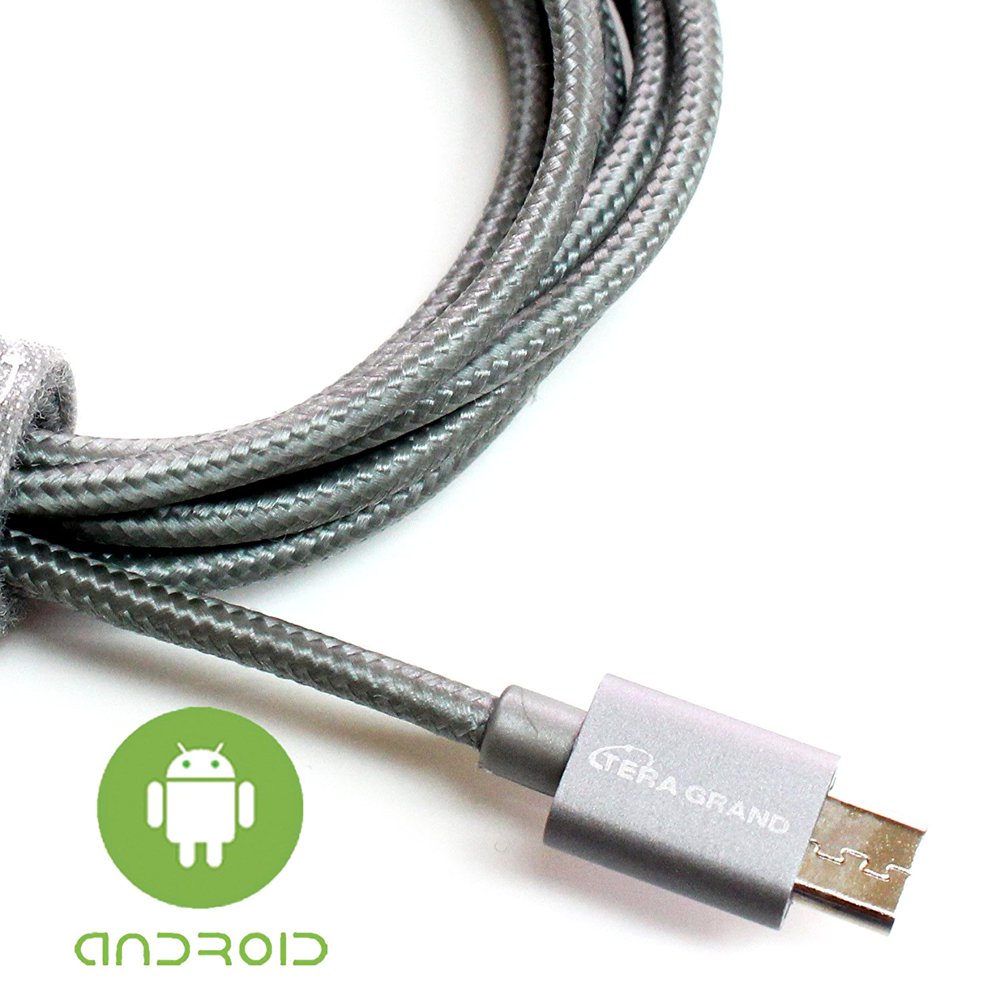 Tera Grand USB 2.0 A to Micro USB Braided Cable, 6' Gray Micro B