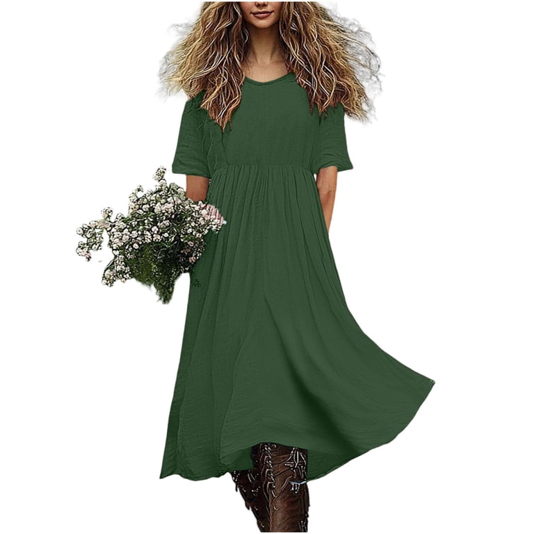 flowy tiered midi dress Kukoosong Women's Round Neck Short Sleeve Dress, Loose Casual Swing for Summer, Boho Cotton Linen Dress for Women Vacation launchdate:2025-06-09