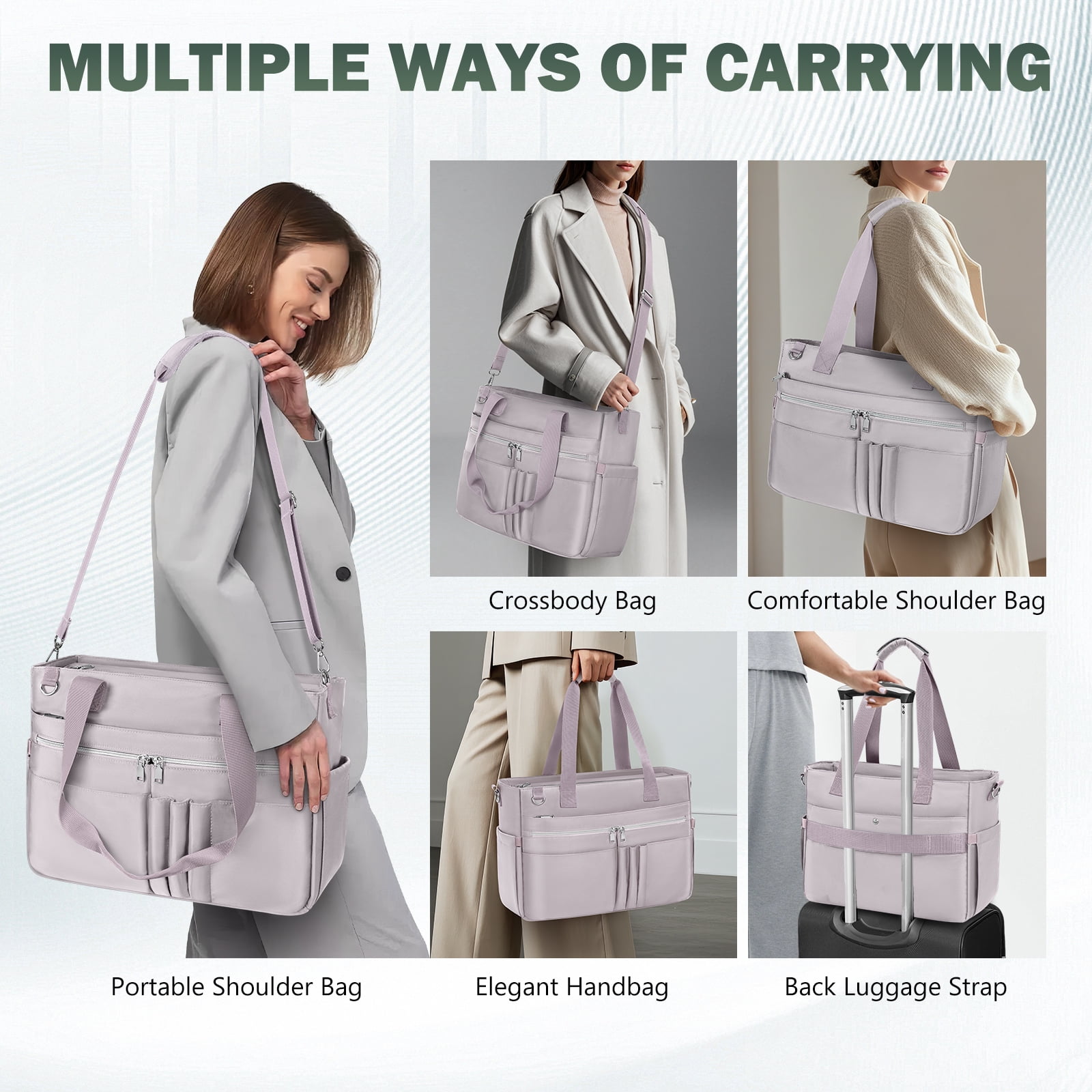 RAINSMORE Teacher Tote Bag for Women 15.6 Inch Laptop Briefcase with Clutch Bag, Nurse Bags Professional Work Handbag for Office College Nursing, Large Utility Tote Messenger Shoulder Bag,Grey Pink