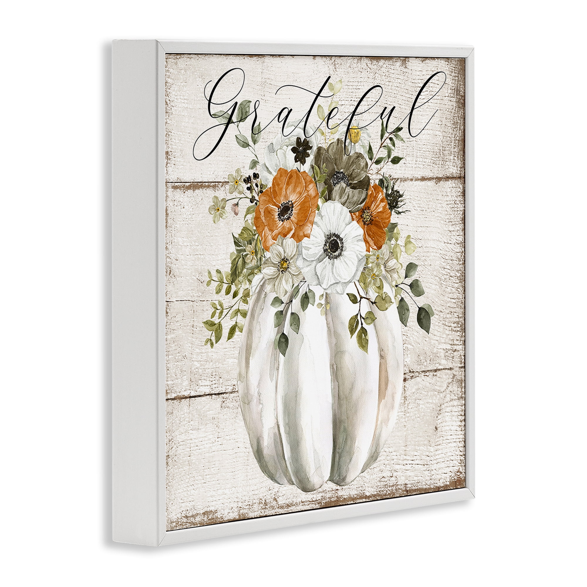 Stupell Industries Grateful Floral Pumpkin Holiday Painting White Framed Art Prints Wall Art, 12 x 12