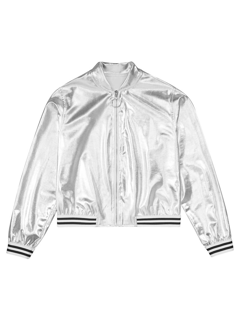 DPOIS Girls Boys Shiny Metallic Long Sleeve Bomber Jacket Coat Hip
