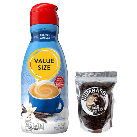 Shelf-stable Non-Dairy Liquid Coffee Creamer 32 fl oz Bottle with Dumbass Coffee Whole Coffee Bean Medium/Dark 1 oz (French Vanilla) Coffee