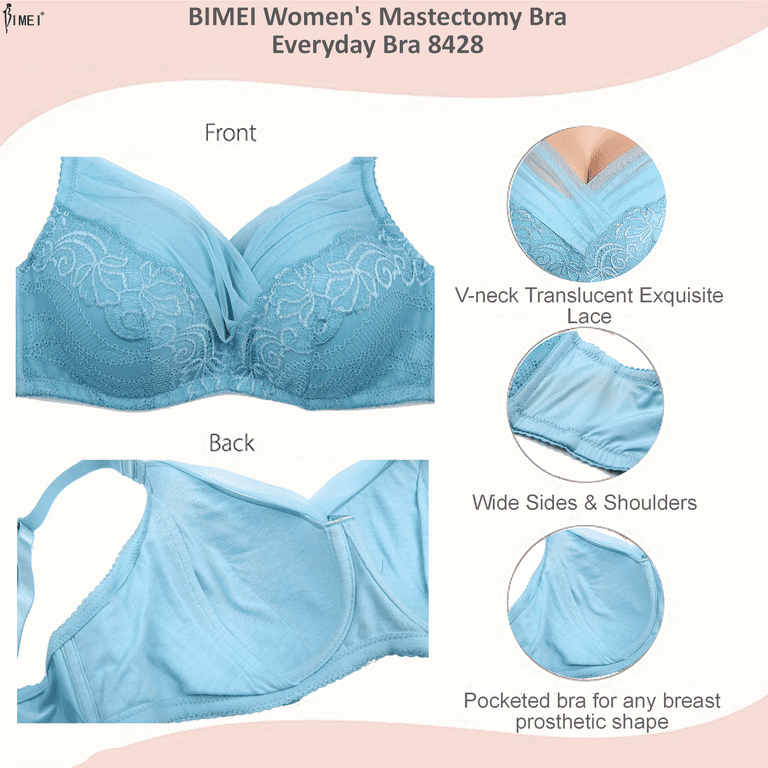 BIMEI Mastectomy Bra with Pockets for Breast Prosthesis Women Everyday Lace  Bra 8428,Rose,38C