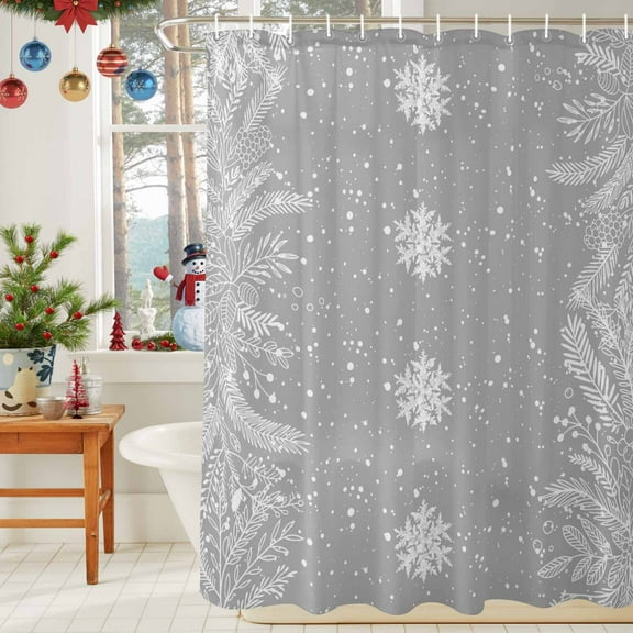 Shower Curtain Bathroom Set Winter Snowflake Pine Leaf Waterproof Fabric Shower Curtains with Grommets&Hooks White Botanical on Grey Privacy Bath Curtain for Bathtub 36x72in