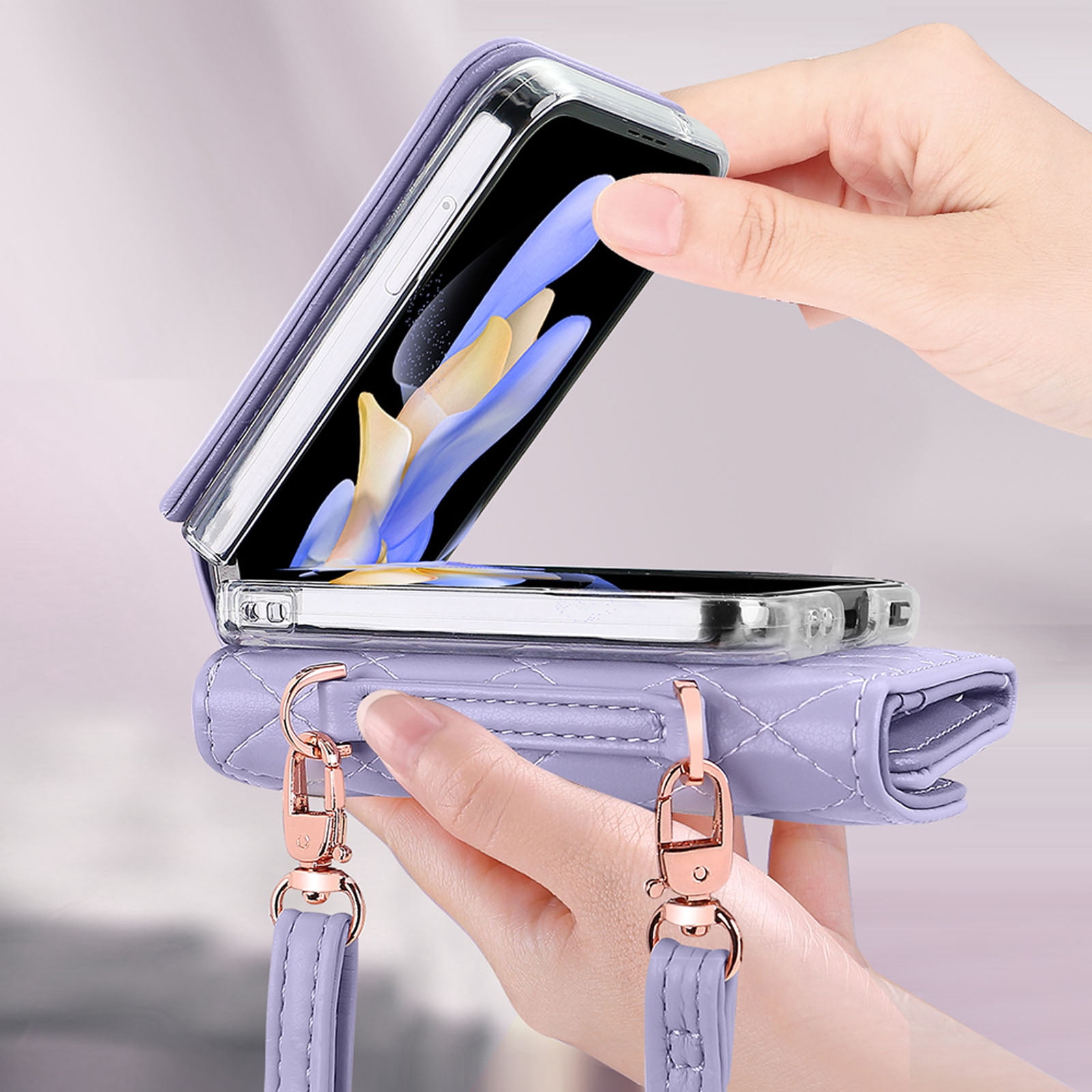 for Samsung Galaxy Z Flip 6 Case with Card Slots, [Crossbody Strap] [RFID Blocking] Women Girls PU Leather Wallet Case Lanyard Crossbody Bag Phone Case for Samsung Galaxy Z Flip 6,Purple