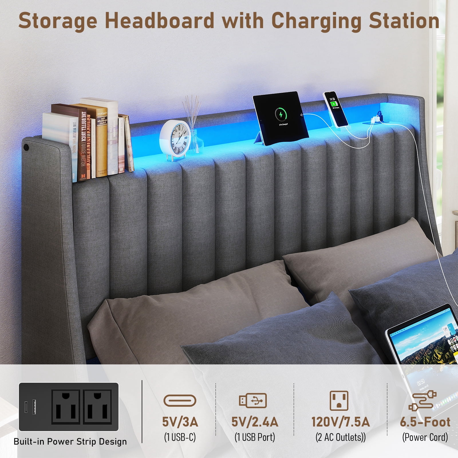 DRNANLIT Full Size Bed Frame with 2 Drawers & 2-Tier Storage Shelf Upholstered Bed Frame with Headboard & Storage & LED Lights & Charge Station, Gray