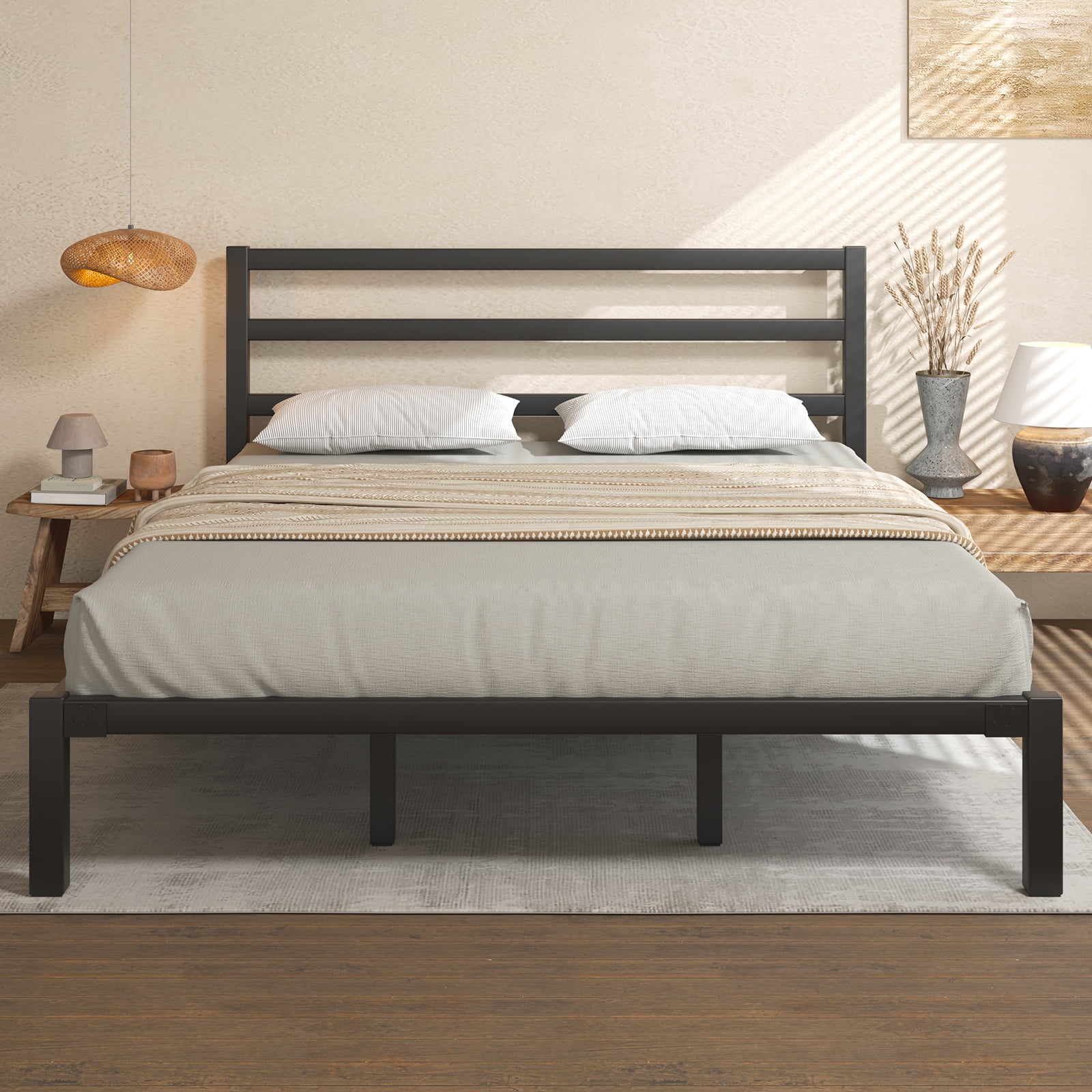 E-motie King Size Metal Platform Bed Frame with Headboard, Heavy Duty Metal Slat Mattress Foundation, Easy Assembly, No Box Spring Needed, Black