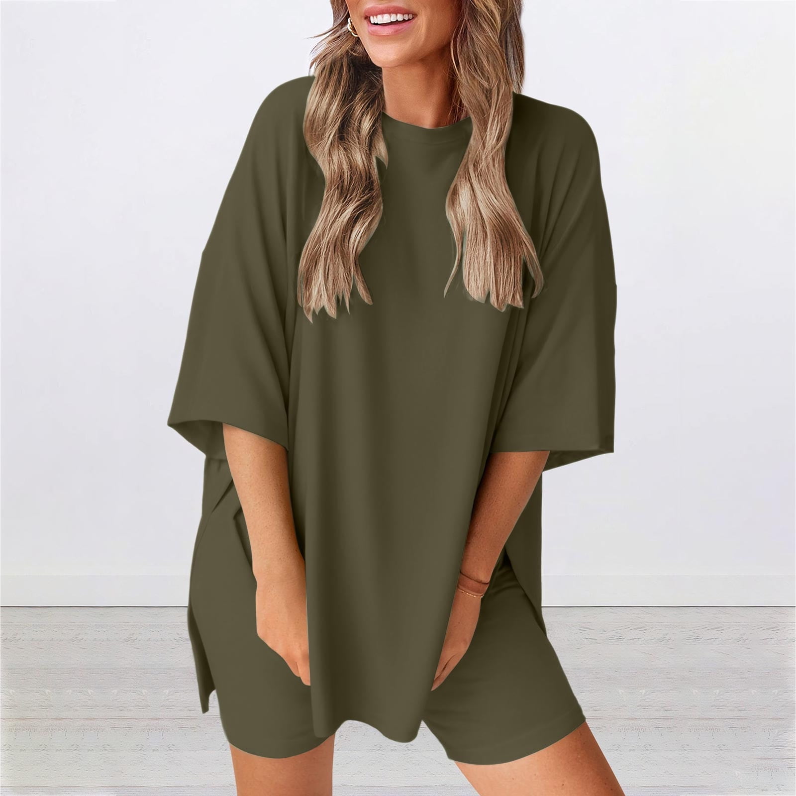 Lcziwo Womens Two Piece Shorts Sets Short Sleeve Side Slit