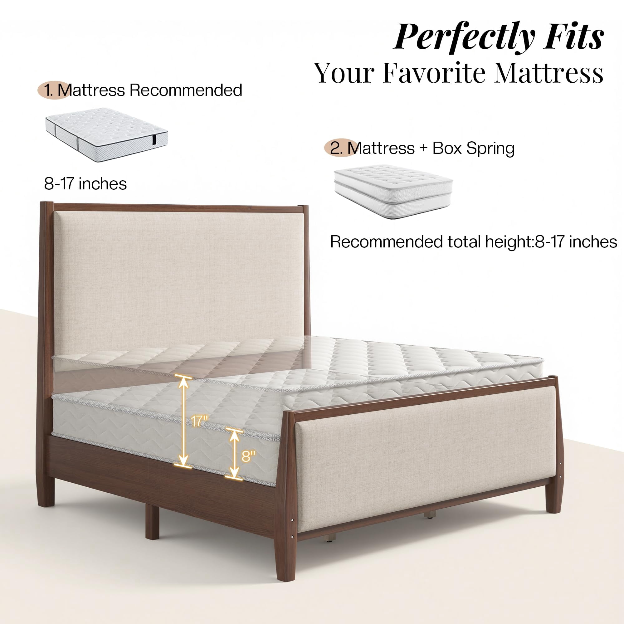 Amerlife 58" Tall Solid Wood California King Size Bed Frame with Upholstered Headboard & Footboard, No Box Spring Needed, Dark Walnut