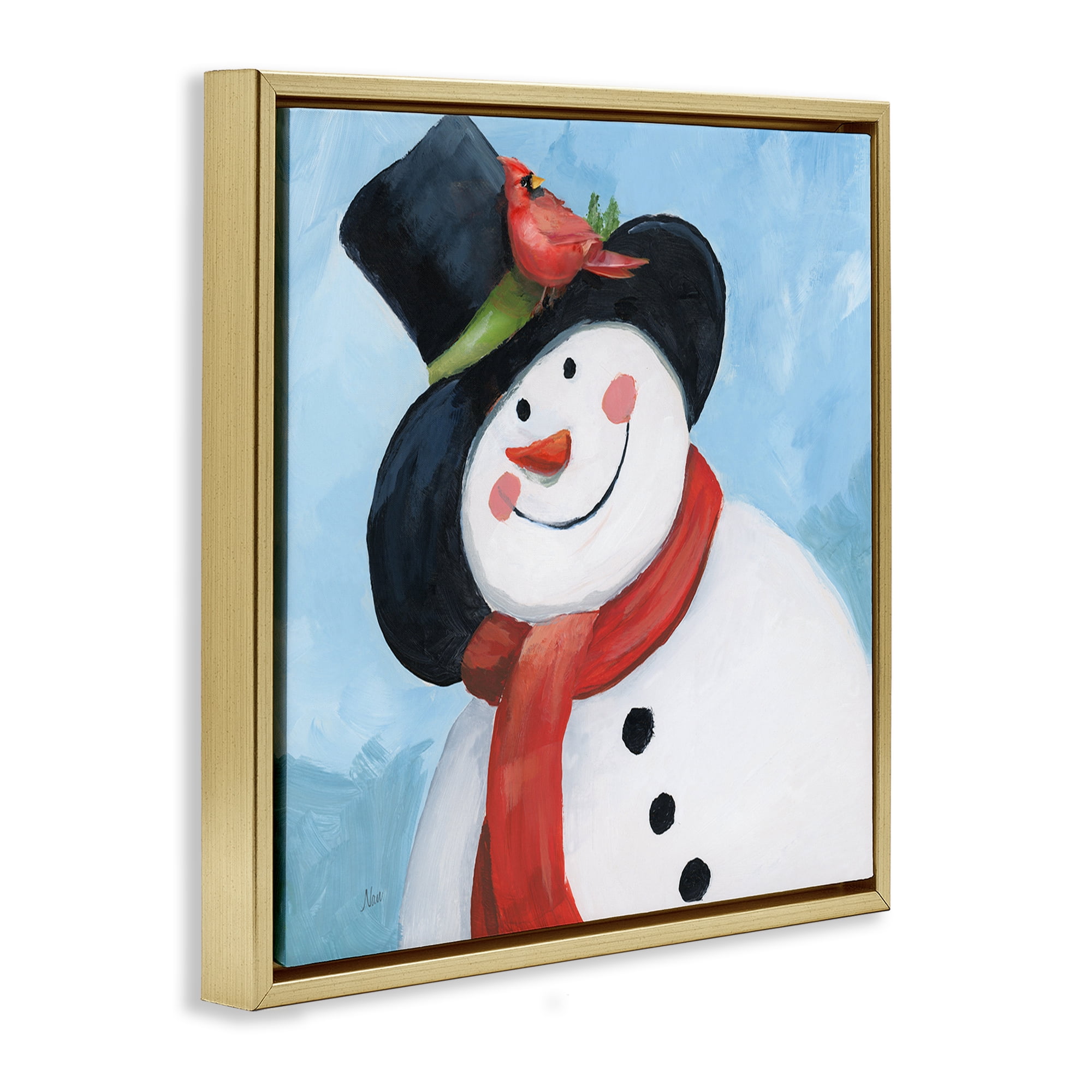 Stupell Industries Cheerful Snowman with Cardinal Gold Framed Floater Canvas Wall Art, design by Nan