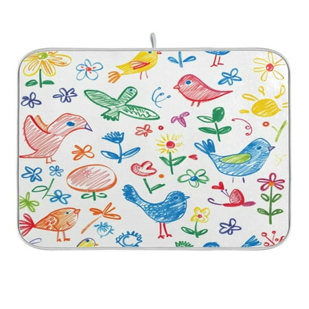 

Dish Drying Mat Kitchen Counter Hand-drawn Chicken Flower Bird Dishes Drainer Pad Absorbent Microfiber Reversible 16 x18