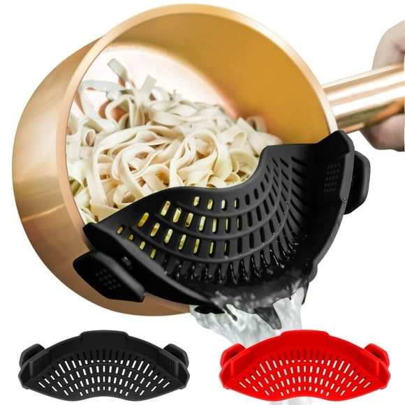 AUOON Clip on Strainer, Fits for All Pots Pans, Silicone Colander, Food Strainer for Pasta, Spaghetti, Ground Beef Grease, Heat Resistant Silicone, Easy to Use and Store, Dishwasher Safe (BlackRed)