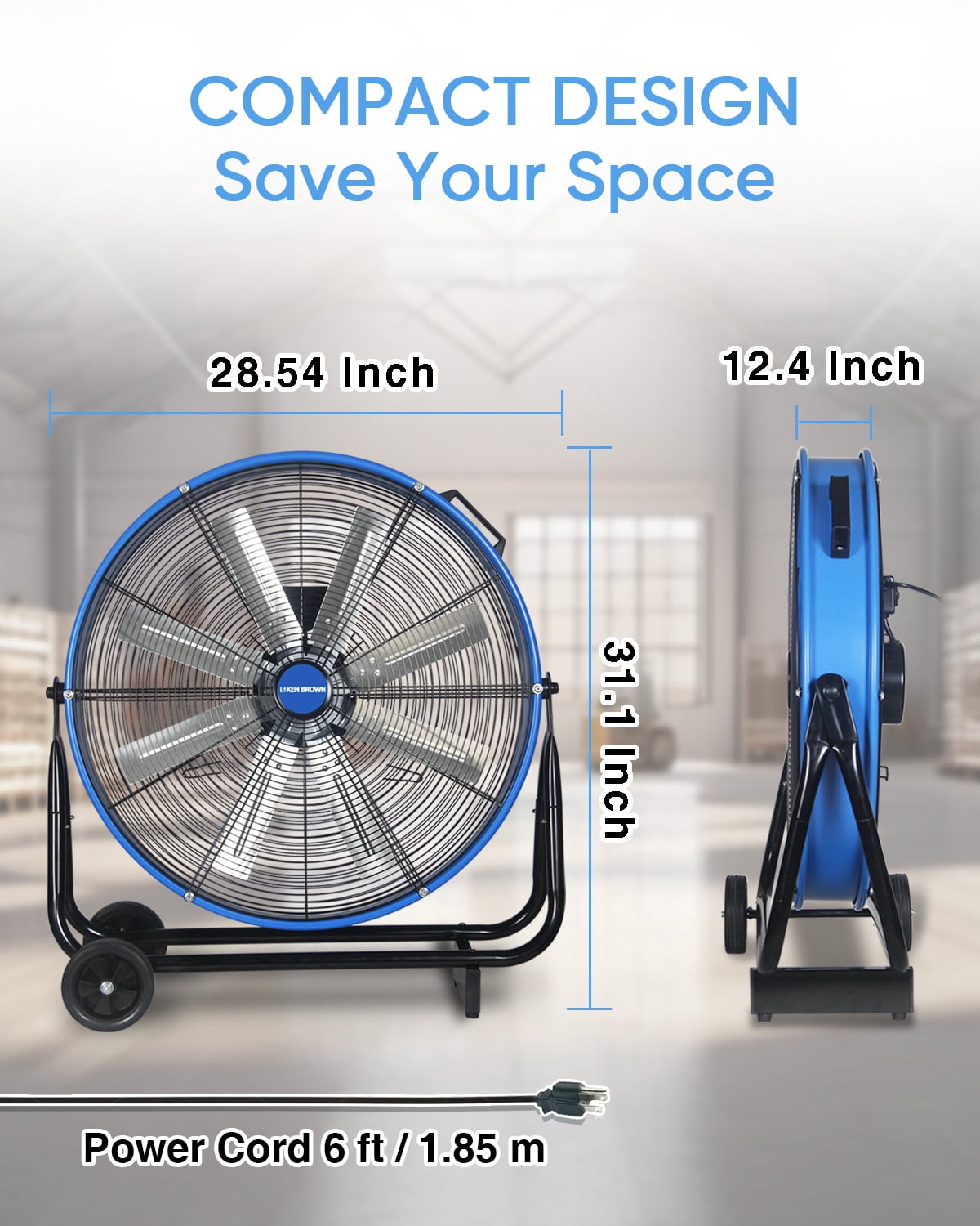 KEN BROWN 24 Inch Industrial Drum Fan, 9500 CFM, 3-Speed, 360° Tilt, Heavy Duty High Velocity for Shop Gym Garage Commercial Use, Blue