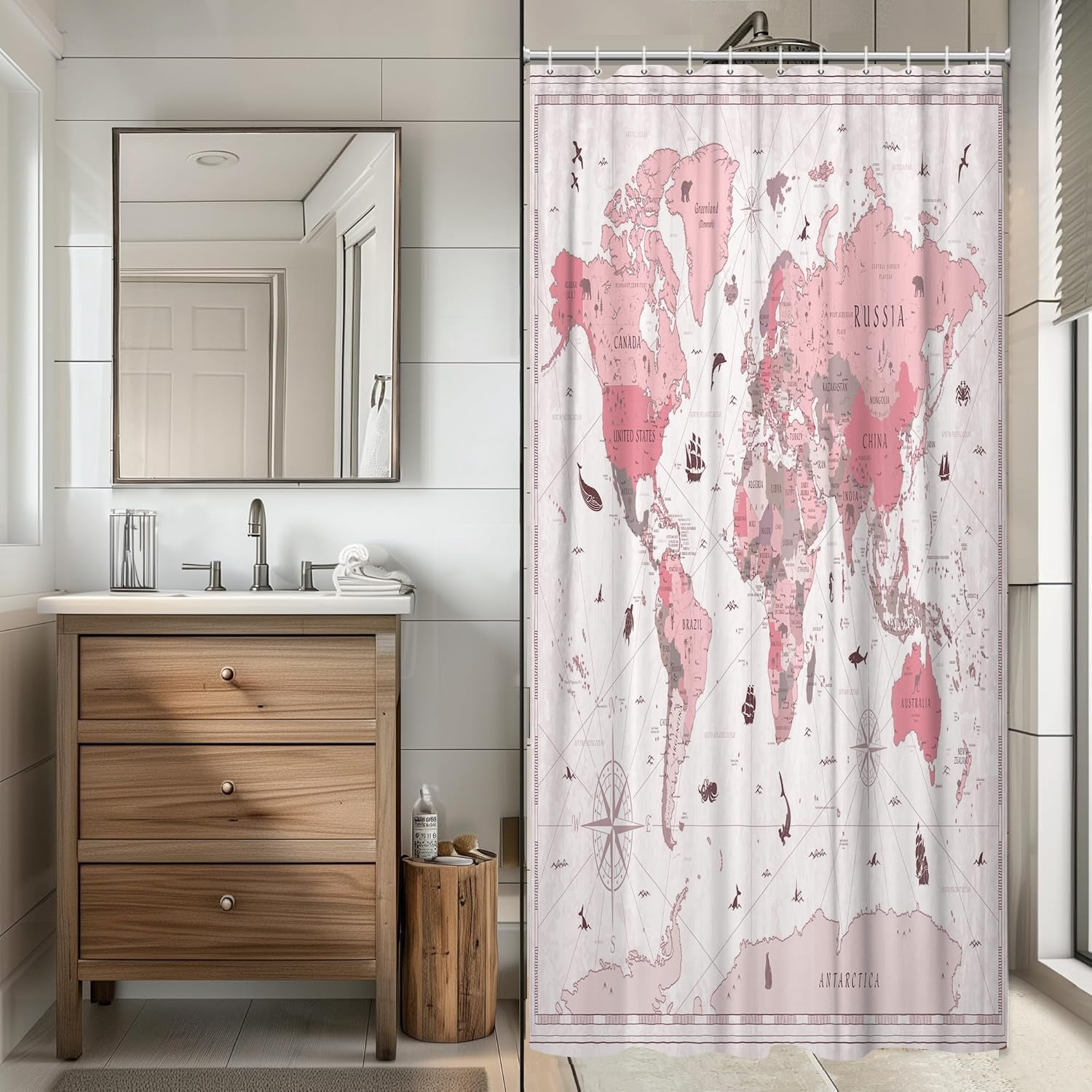 World Map Shower Curtain, Map of The World with National Educational Fabric Shower Curtains Set for Bathroom, Geography Educational Fabric Bathroom Shower Curtain with Hooks, 70X75IN（Pink）