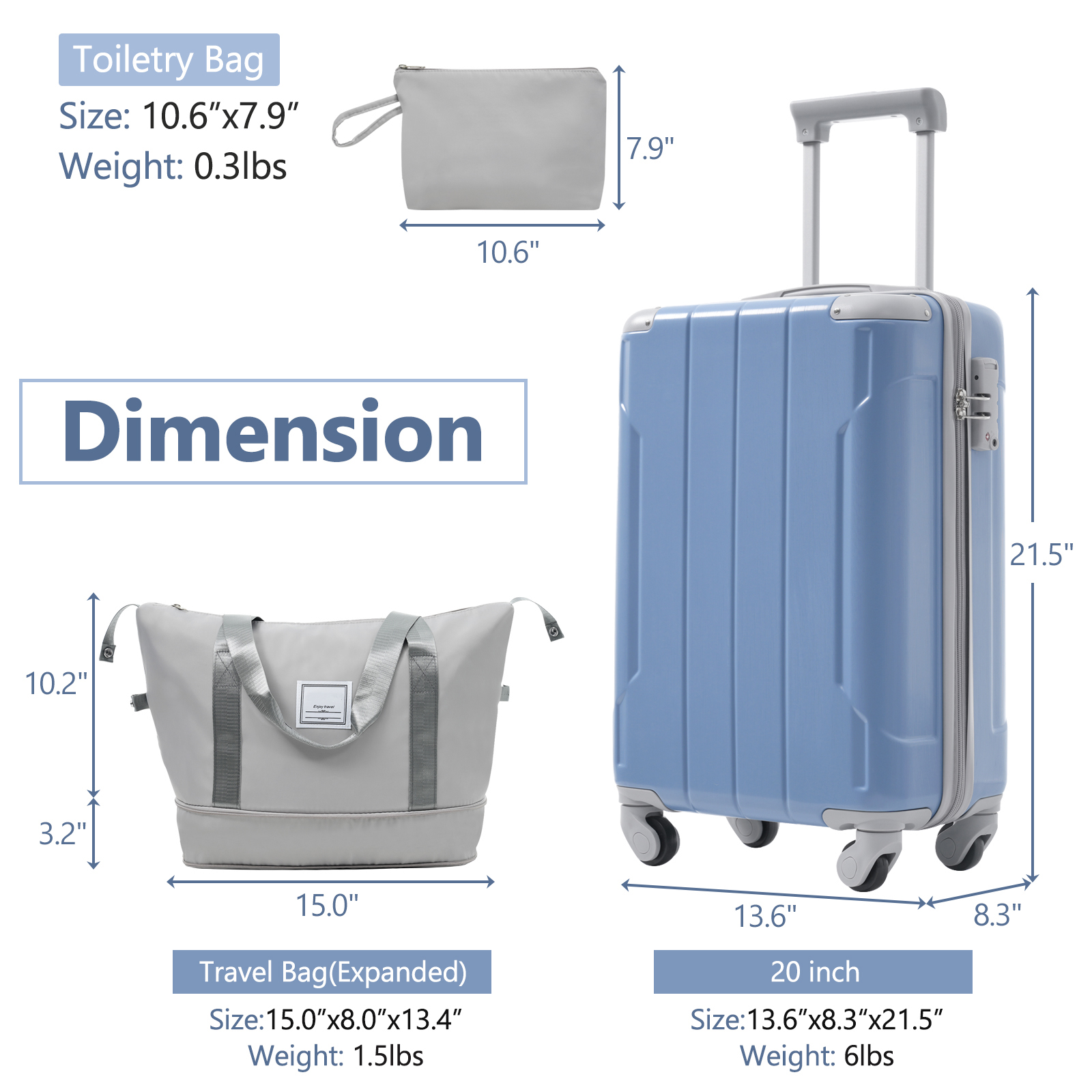 Luggage Sets 3 Piece Lightweight Hardside Rugged Travel Suitcase with Wheels, 22” x 14” x 9” Airline Approved, TSA Lock, Glacier Lake