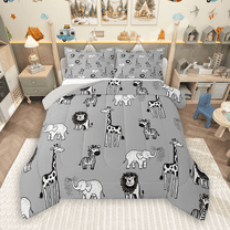 Manfei Funny Wildlife Full Size Comforter Sets 3-Piece, Kawaii Lion Giraffe Elephant Bedding Comforter Set, Cute Animals Bedding Sets, Lightweight Room Decor